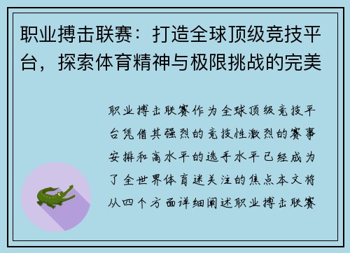 职业搏击联赛：打造全球顶级竞技平台，探索体育精神与极限挑战的完美结合