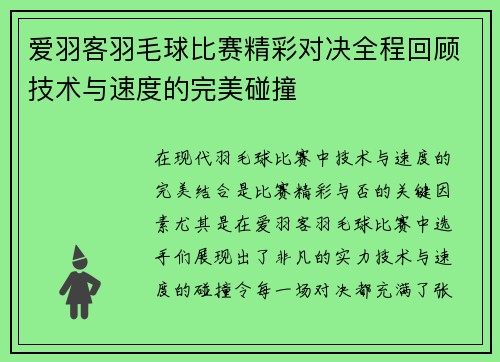 爱羽客羽毛球比赛精彩对决全程回顾技术与速度的完美碰撞
