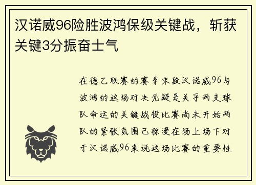 汉诺威96险胜波鸿保级关键战，斩获关键3分振奋士气